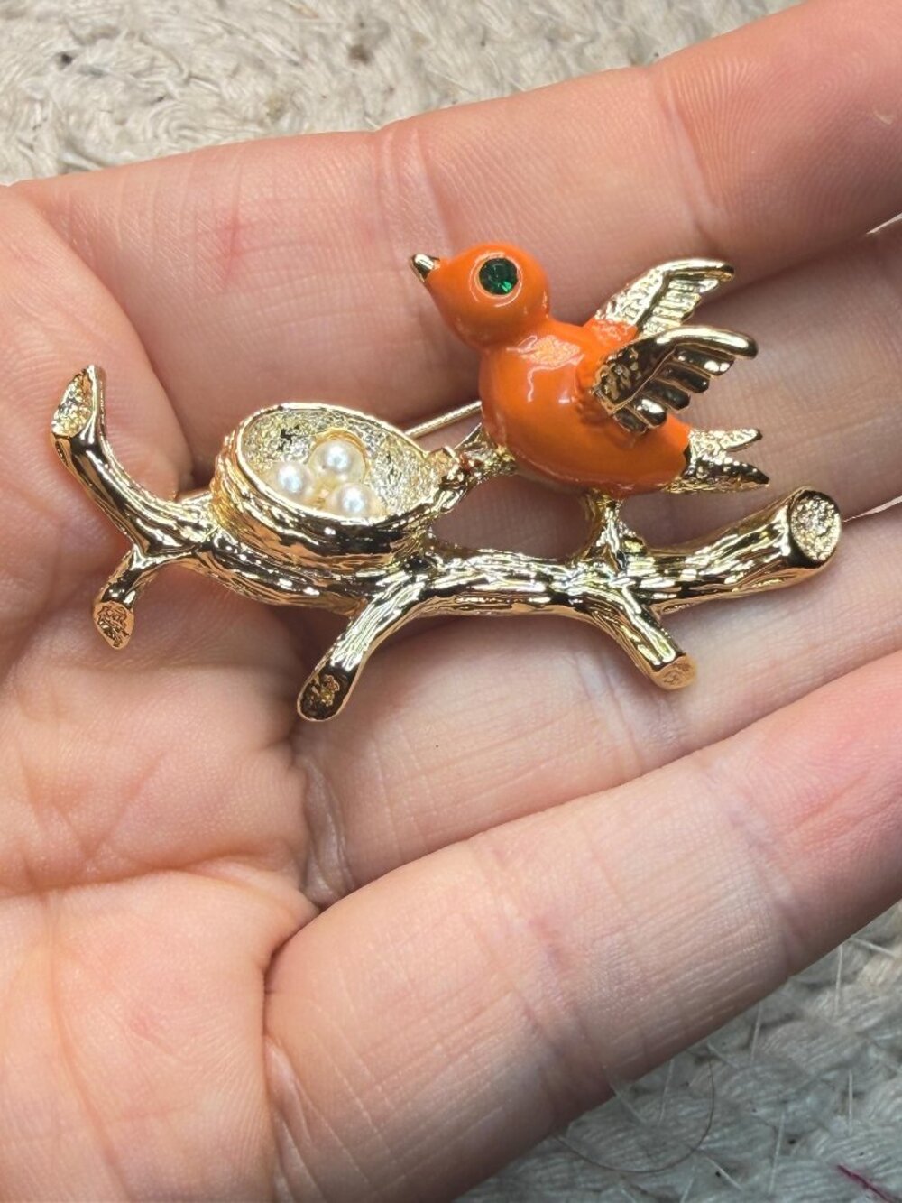 Gerrys Bird Nest Brooch | Faux Pearl Eggs | Orange Bird Vintage Pin